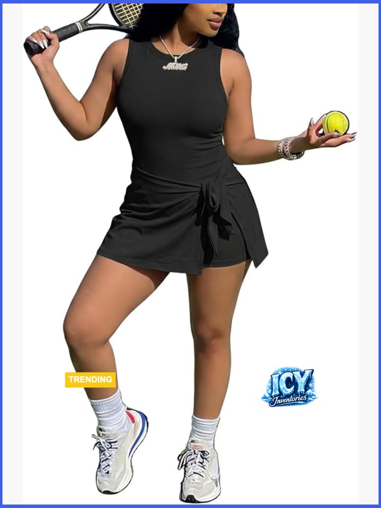 Sleeveless 2 Piece Tennis Dress Set With Built-In Shorts, Romper